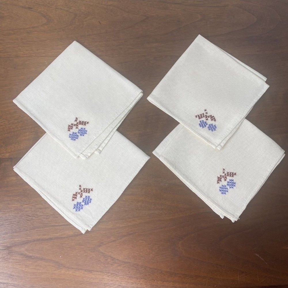 Vintage Ivory Napkins Linen Floral Embroidered Purple Tea Towel Set 4